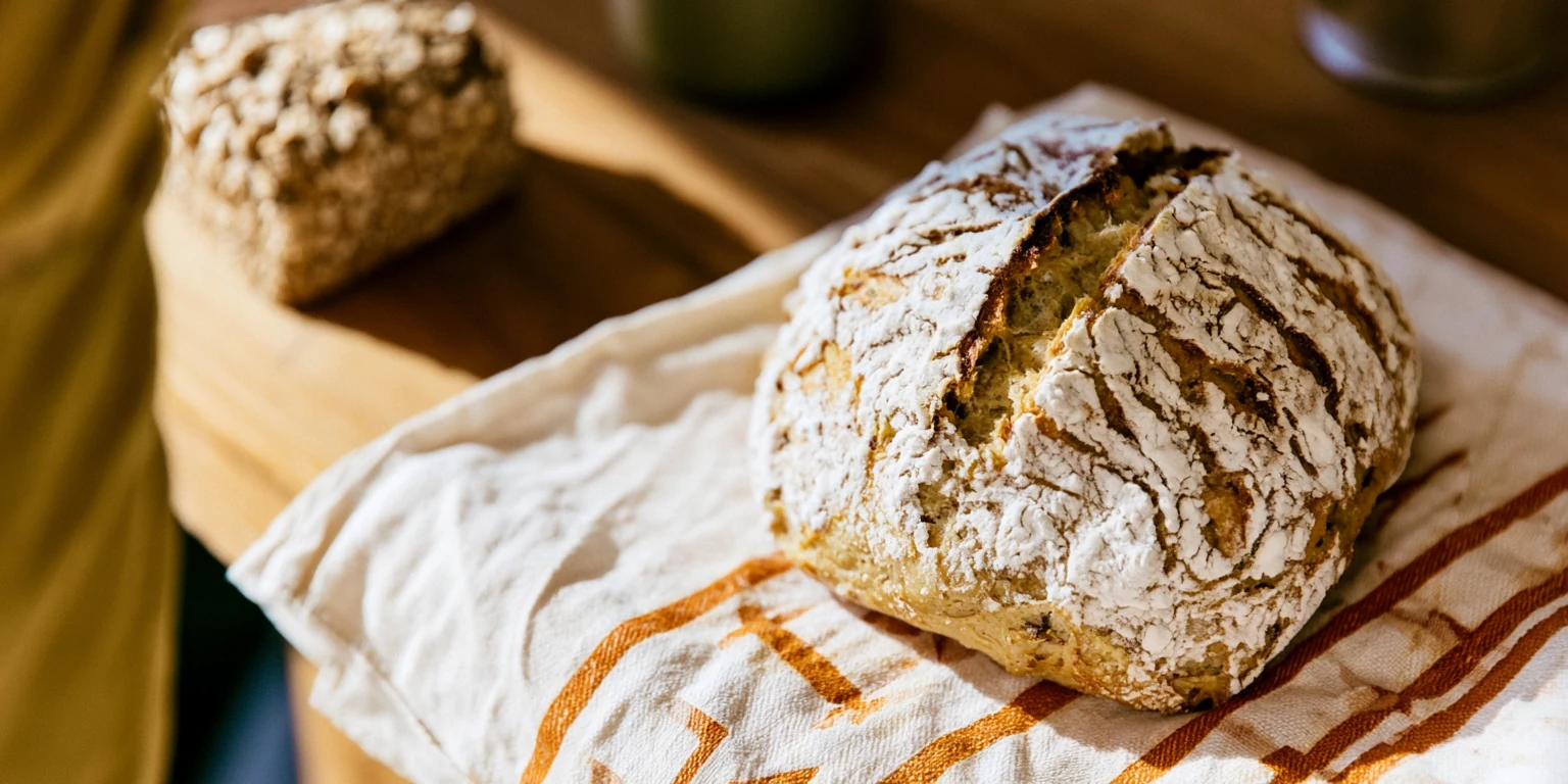 Bagebord med brød, kager, mel, dej og varmt ovnlys