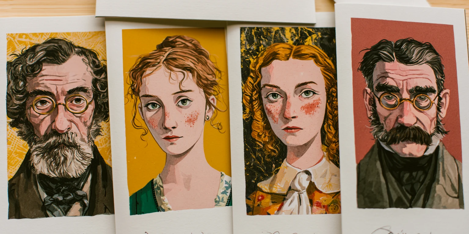 Stemningsfuldt engelsk bibliotek med klassiske romaner og gamle vinduer