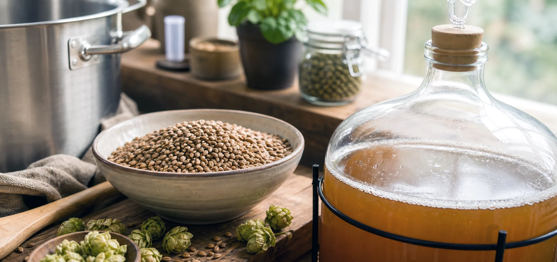 Lyst bryggeri med tanke, malt, humle og håndværksstemning