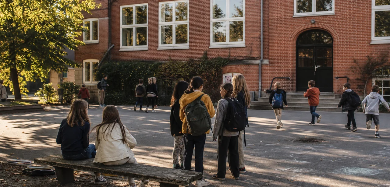 Børn i en varm skolegård med skoletasker og små hverdagsdramaer