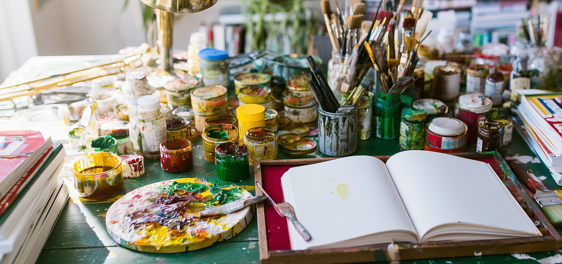 Atelier med pensler, manuskripter og bohemeagtig kunstnerstemning